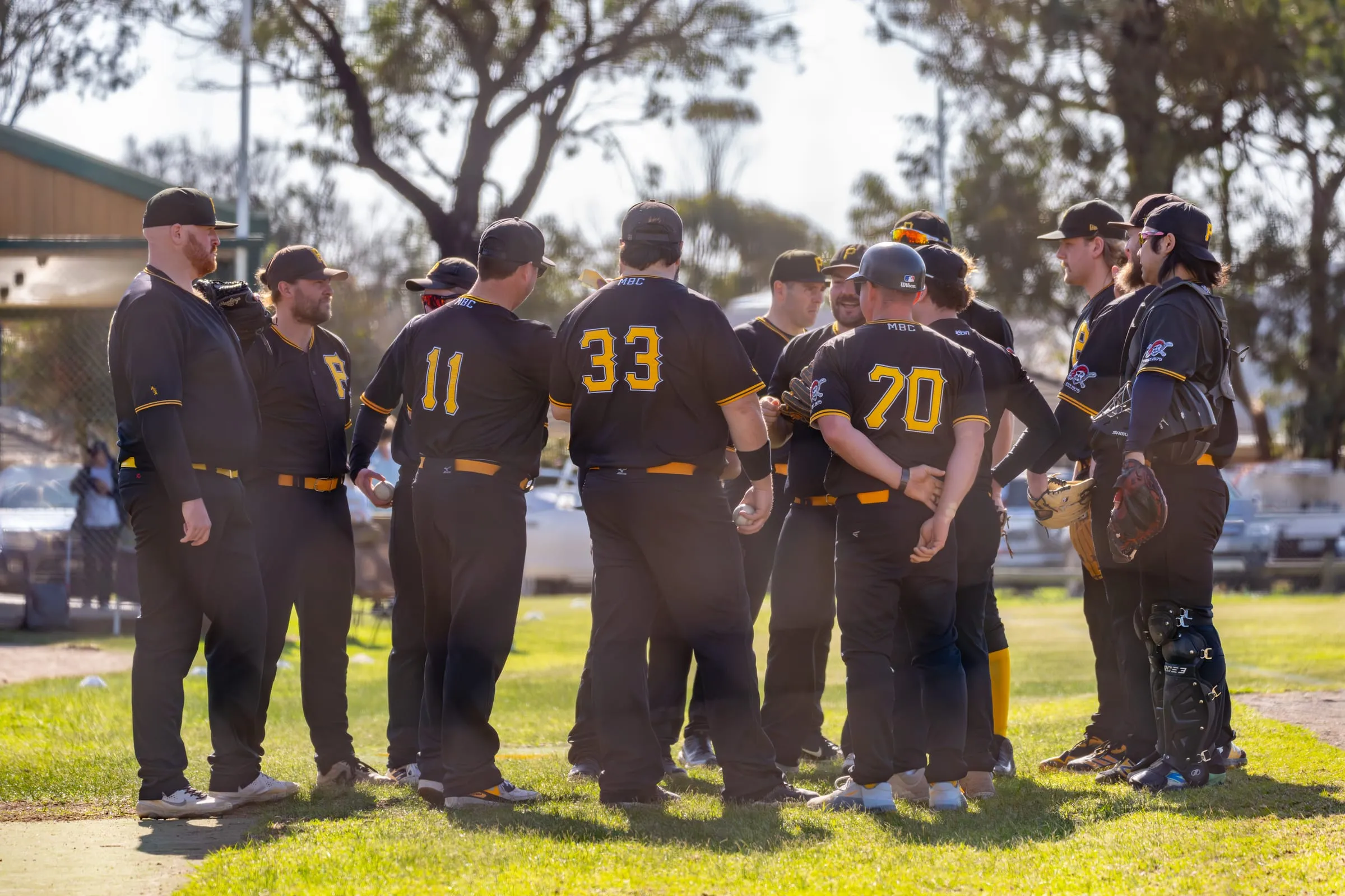 Pirates players in a huddle on the field